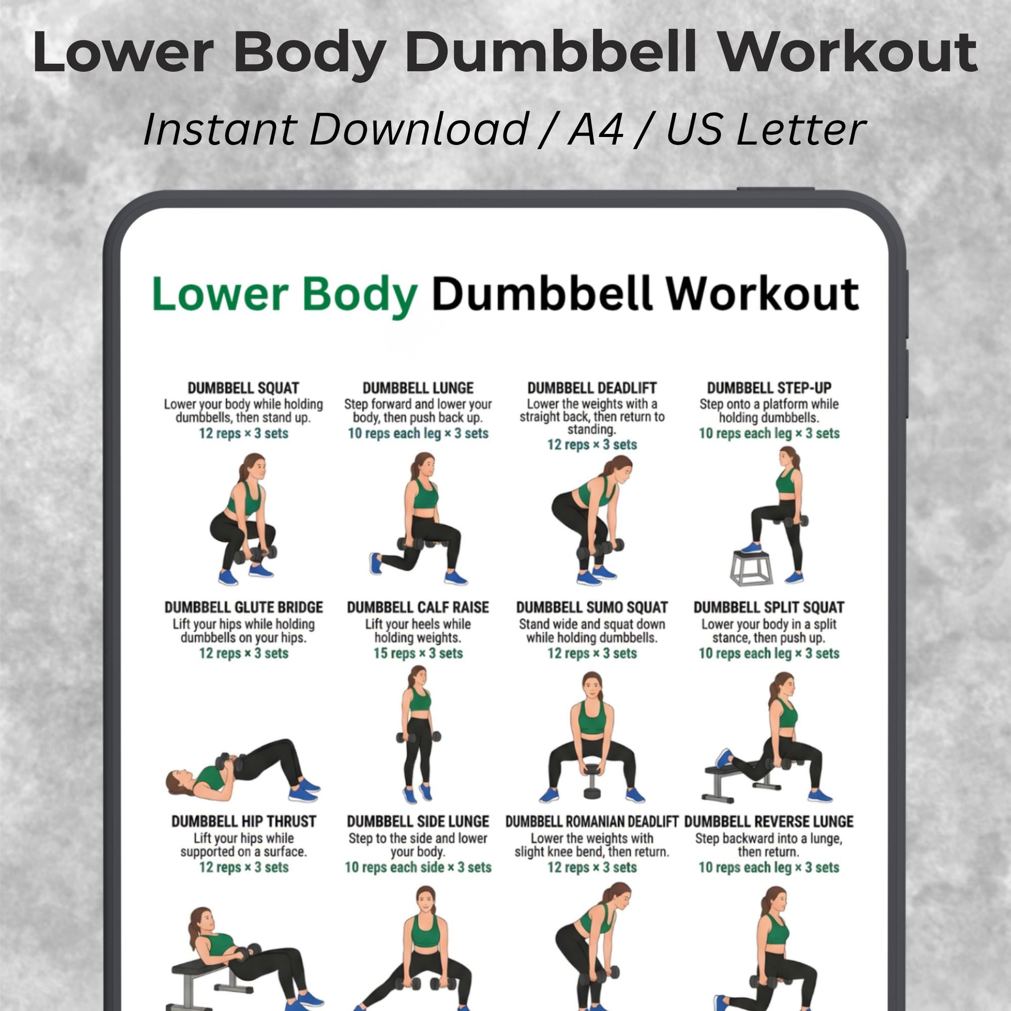 Lower Body Dumbbell Workout Poster, Legs & Glutes Training Plan ...