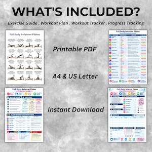 Pode incluir: Um conjunto digital de documentos de Pilates em Reformer, incluindo um guia de exerc&iacute;cios, plano de treino e rastreador. O texto diz WHAT'S INCLUDED?, Printable PDF, A4 & US Letter e Instant Download. As p&aacute;ginas apresentam tabelas coloridas.