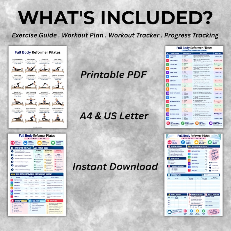 Pode incluir: Um conjunto digital de documentos de Pilates em Reformer, incluindo um guia de exerc&iacute;cios, plano de treino e rastreador. O texto diz WHAT'S INCLUDED?, Printable PDF, A4 & US Letter e Instant Download. As p&aacute;ginas apresentam tabelas coloridas.