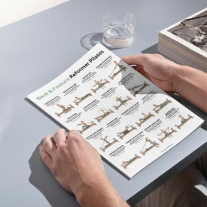 Może przedstawiać: Osoba trzyma biały, drukowany przewodnik zatytułowany &bdquo;Back & Posture Reformer Pilates&rdquo;. Przewodnik zawiera ilustracje ćwiczeń Pilates. Szklanka wody i stos papier&oacute;w znajdują się w tle.
