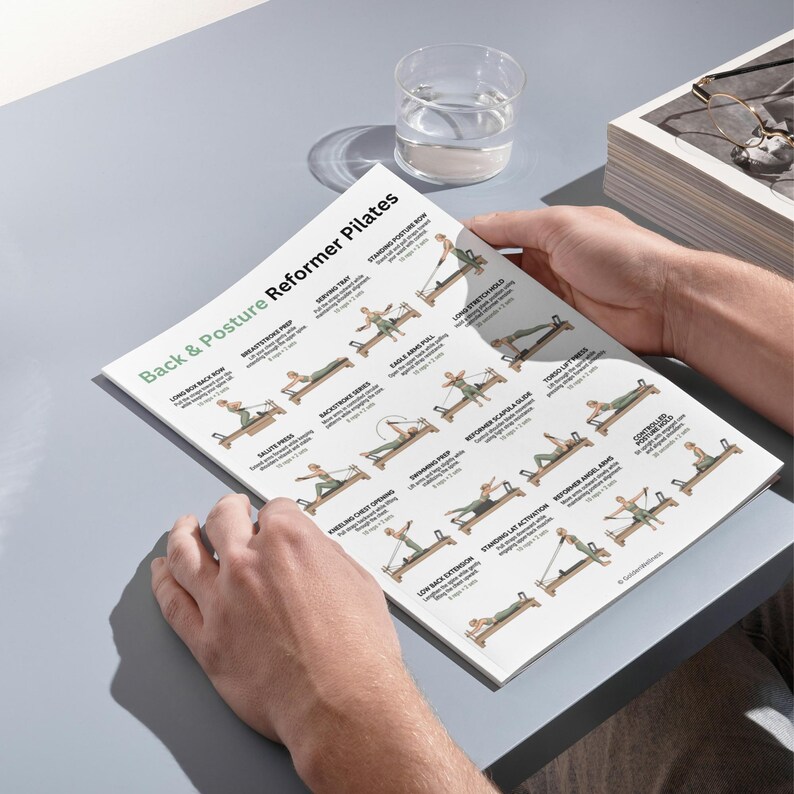 Może przedstawiać: Osoba trzyma biały, drukowany przewodnik zatytułowany &bdquo;Back & Posture Reformer Pilates&rdquo;. Przewodnik zawiera ilustracje ćwiczeń Pilates. Szklanka wody i stos papier&oacute;w znajdują się w tle.