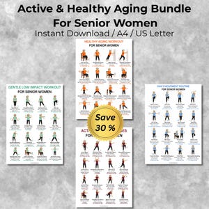 May include: A digital bundle of four workout charts titled Active & Healthy Aging Bundle For Senior Women, featuring illustrations of exercises with text instructions, available for instant download in A4 and US Letter sizes.