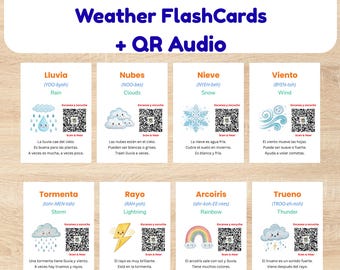 Bilingual Spanish English Weather Flashcards for Kids | Printable Preschool Learning with QR Audio.