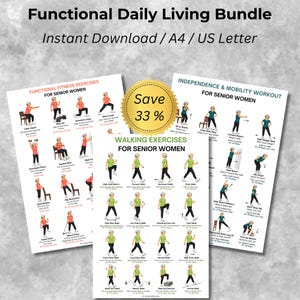 Può includere: Un pacchetto digitale Functional Daily Living Bundle che include tre schede di esercizi per donne anziane. Le schede contengono illustrazioni e testo per esercizi di fitness funzionale, camminata, indipendenza e mobilità.
