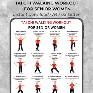 May include: A digital Tai Chi walking workout guide for senior women featuring twelve illustrated exercises. Each step includes a red-shirted figure demonstrating movements like Warm-Up Reach, Gentle Side Shift, and Balance Knee Raise with rep counts.