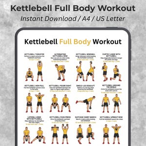 May include: A digital guide for a full-body kettlebell workout. The image shows a tablet screen with illustrated exercises, including thrusters, rows, windmills, lunges, and more. Text at the top reads "Kettlebell Full Body Workout".