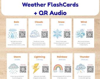 English Weather Flashcards for Kids | Printable Learning Cards with QR Audio