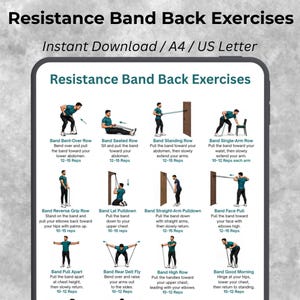 May include: A digital chart titled Resistance Band Back Exercises displaying twelve illustrations of a person performing various back workouts with resistance bands, including instructions and repetition counts for each specific exercise movement.
