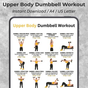 May include: A digital workout guide titled "Upper Body Dumbbell Workout" with illustrations of various exercises. The guide includes instructions for dumbbell shoulder press, bicep curls, tricep extension, chest press, and more. The text indicates "Instant Download / A4 / US Letter."