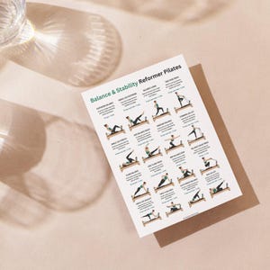 May include: A white instructional poster titled Balance & Stability Reformer Pilates featuring multiple illustrations of individuals performing various exercises on a reformer machine, including footwork, lunges, and planks with descriptive text.