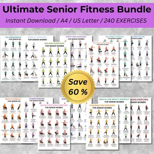 May include: A digital fitness bundle for seniors featuring 240 exercises across multiple printable sheets. The collection includes charts for fall prevention, mobility, stretching, walking, and coordination, with a gold seal stating Save 60%.