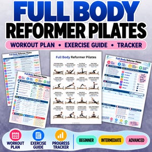 Pode incluir: Um conjunto de tr&ecirc;s documentos impressos intitulados Full Body Reformer Pilates, incluindo um plano de treino, um guia de exerc&iacute;cios com ilustra&ccedil;&otilde;es de movimentos num aparelho reformer e um rastreador com tabelas para registar o progresso.