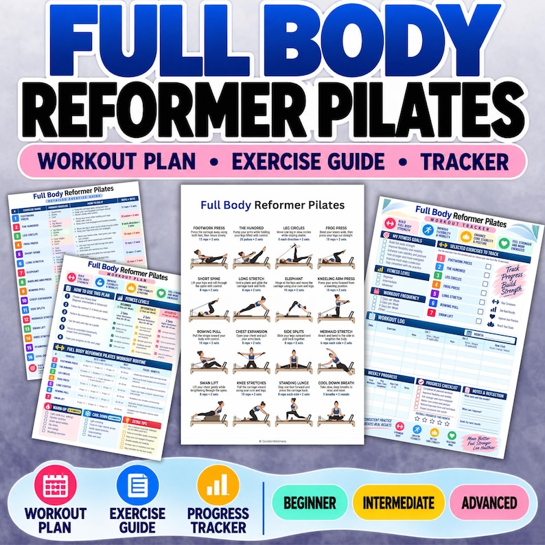 Pode incluir: Um conjunto de tr&ecirc;s documentos impressos intitulados Full Body Reformer Pilates, incluindo um plano de treino, um guia de exerc&iacute;cios com ilustra&ccedil;&otilde;es de movimentos num aparelho reformer e um rastreador com tabelas para registar o progresso.