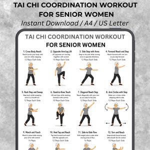 Könnte beinhalten: Ein digitales Dokument mit dem Titel Tai Chi Coordination Workout for Senior Women, das zwölf nummerierte Illustrationen einer Person in grauem T-Shirt und schwarzer Hose zeigt, die spezifische Bewegungen mit Text und Wiederholungszahlen ausführt.