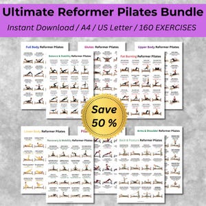 Op de afbeelding: Een digitale bundel met Reformer Pilates oefenkaarten met 160 bewegingen in categorieën zoals Full Body, Glutes en Upper Body. De collectie bevat een gouden cirkelvormige badge met Save 50% en tekst die A4 en US Letter formaten aangeeft.