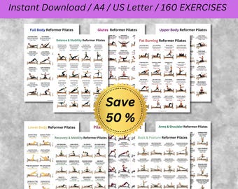 Paquete de Pilates Reformer, 10 pósteres de entrenamiento imprimibles, cuerpo completo, parte superior, parte inferior, core, glúteos, equilibrio, quema de grasa, tabla de Pilates para el hogar en PDF