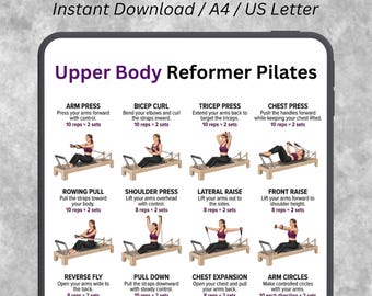 Tabela ćwiczeń górnych partii ciała na reformerze Pilates, plakat z 16 ćwiczeniami (do pobrania w wersji cyfrowej)