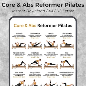 May include: A digital download titled "Core & Abs Reformer Pilates" with exercise illustrations. The exercises include Hundred, Coordination, Teaser, Long Box Abs, Reverse Crunch, Knee Tuck, Plank Hold, Pike, Side Plank, Oblique Twist, Scissors, and Double Leg Stretch.