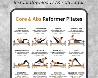 Plakat z treningiem mięśni głębokich brzucha na reformerze Pilates, 16 ćwiczeń na mięśnie brzucha (format A4/US Letter PDF)