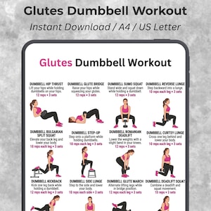 May include: A digital graphic titled "Glutes Dumbbell Workout" with exercise illustrations. The workout includes exercises like hip thrusts, glute bridges, sumo squats, reverse lunges, Bulgarian split squats, step-ups, Romanian deadlifts, and curtsy lunges.