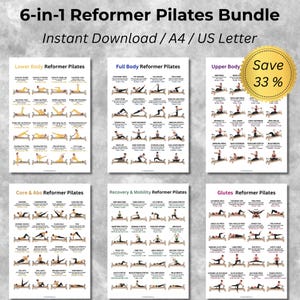 May include: A 6-in-1 Reformer Pilates Bundle, available as an instant download in A4/US Letter sizes. The image displays six different Pilates workout guides, including Lower Body, Full Body, Upper Body, Core & Abs, Recovery & Mobility, and Glutes. A gold sticker indicates a 33% discount.