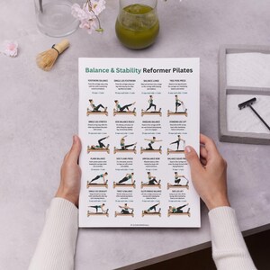 May include: A white instructional poster titled Balance & Stability Reformer Pilates featuring twenty illustrated exercise sequences with text descriptions, set in a grid layout with green and black headings on a light gray surface.