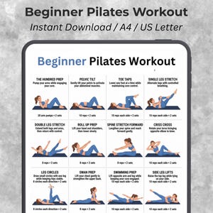 Utskrivbart pilatespass för nybörjare, 16 enkla pilatesövningar för nybörjare, Pilates-affisch för hemmabruk, digital nedladdning i PDF-format