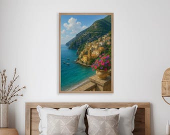 Stampa su tela incorniciata della Costiera Amalfitana / Positano Italia Arte