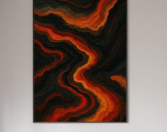 Stampa artistica con texture di flusso di lava, paesaggio vulcanico rosso nero arancione