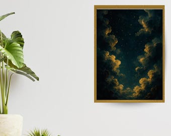 Stampa di nuvole con notte stellata, arte celeste blu ambra scuro
