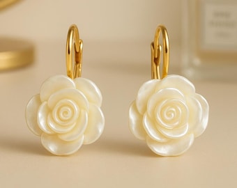 Handmade White Camellia Flower Earrings | Gold Tone Dangle Jewelry