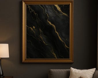 Black Marble Gold Vein Framed Canvas | Luxury Abstract Texture Art | Modern Minimalist Decor - Premium Ready to Hang Print