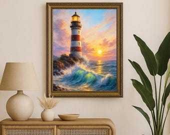 Seaside Lighthouse Framed Canvas | Dramatic Sunset & Ocean Wave Art | Nautical Coastal Decor - Premium Ready to Hang Print