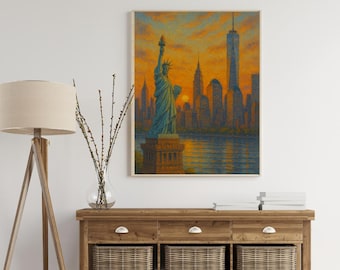 Statua della Libertà al tramonto su tela / Stampa incorniciata dello skyline di New York