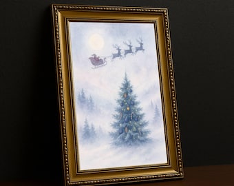 Stampa acquerello di Babbo Natale in slitta, scena di pino innevato, decorazione murale natalizia
