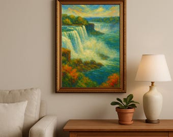 Stampa su tela incorniciata impressionista delle Cascate del Niagara / Paesaggio Grande dipinto ad acquerello originale