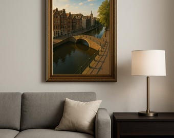 Stampa artistica su tela con cornice del canale di Amsterdam / Paesaggio urbano europeo