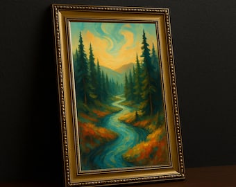 Stampa artistica vibrante di fiume nella foresta, poster di paesaggio impressionista al tramonto, decorazione murale con natura astratta verticale