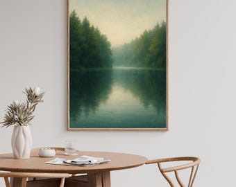 Stampa di paesaggio di montagna, fiume e foresta, arte verticale di sereni boschi di pini, arredamento rustico per la casa