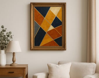 Stampa astratta geometrica, arte murale verticale arancione ruggine oro blu navy, arredamento moderno di metà secolo