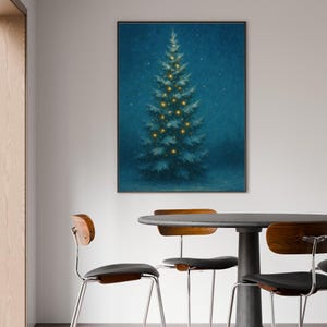 May include: A framed art print depicting a Christmas tree with golden lights on a dark blue backdrop. The artwork is displayed above a round table and chairs in a modern dining room.