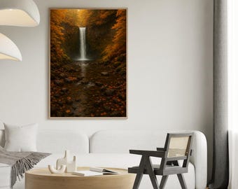 Stampa su tela con cornice di cascata autunnale / Arte del paesaggio forestale luminoso