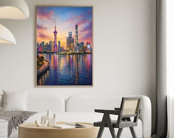 Skyline di Shanghai su tela incorniciata / Arte al crepuscolo della metropoli