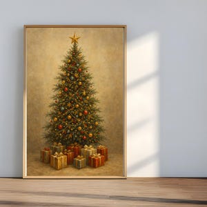 May include: A framed print depicting a decorated Christmas tree with a gold star and baubles. Presents wrapped in gold, red, and green sit beneath the tree. The artwork has a vintage, painterly style.