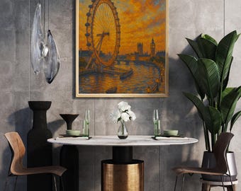 Quadro su tela con cornice raffigurante il tramonto sul London Eye / Fiume Tamigi, Big Ben
