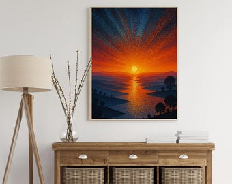 Sunset River vertical wall art landscape | Modern Dot Art Nature Poster