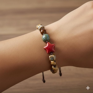 Handmade Ceramic Star Bracelet | Boho Celestial Cord Jewelry | Minimalist Glazed Pottery Bead Bracelet