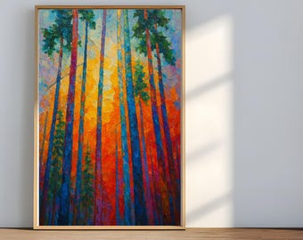 Vibrant Sentinel Forest Framed Canvas | Expressive Vertical Tree Art | Bold Abstract Nature Decor