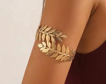 Gold Leaf Upper Arm Bracelet | Green Gemstone Bohemian Armlet Silver Arm Cuff