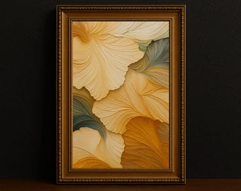 Petal Abstract Art, tonalità calde oro e verde oliva, pezzo d'arredo verticale per il soggiorno